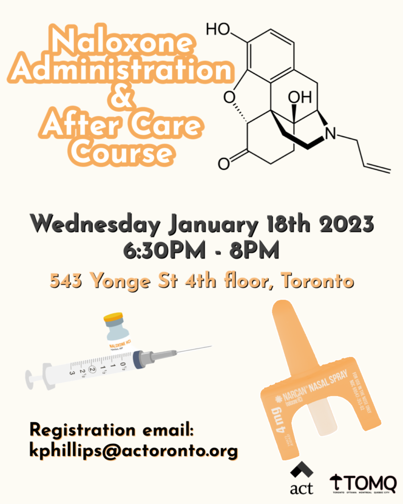 Naloxone Training Poster. Wednesday January 18th, 2023 Time: 6:30pm-8:00pm Location: ACT - 543 Yonge Street, Toronto, 4th floor - MEETING ROOM A/B